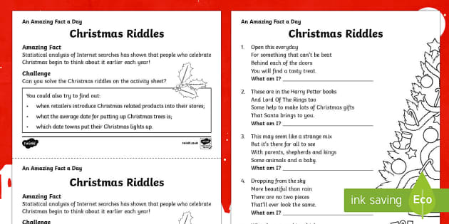Christmas Riddles for Children - Printable Holiday Worksheet
