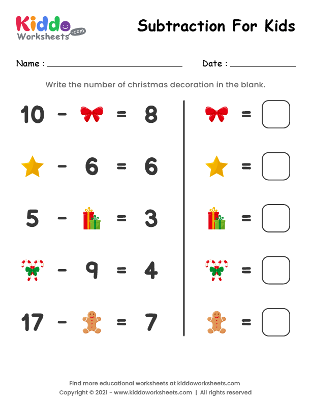 christmas subtraction worksheet