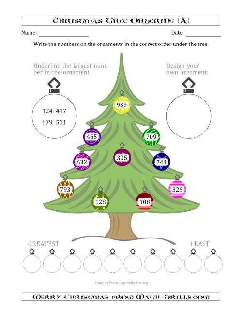 Ordering/Sorting Numbers 100 to 999 on a Christmas Tree (A)