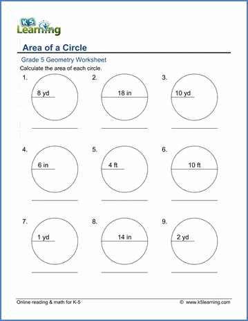 Grade 5 Geometry Worksheets: Area of circles | Worsheets library