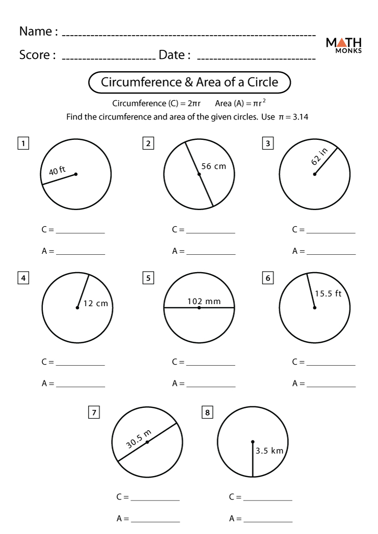 Circumference and Area of a Circle Worksheet - Math Monks