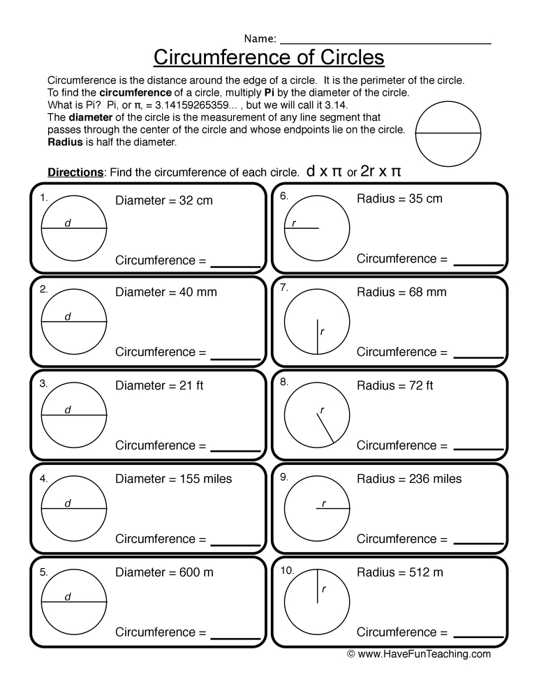 Circumference of Circles Worksheet