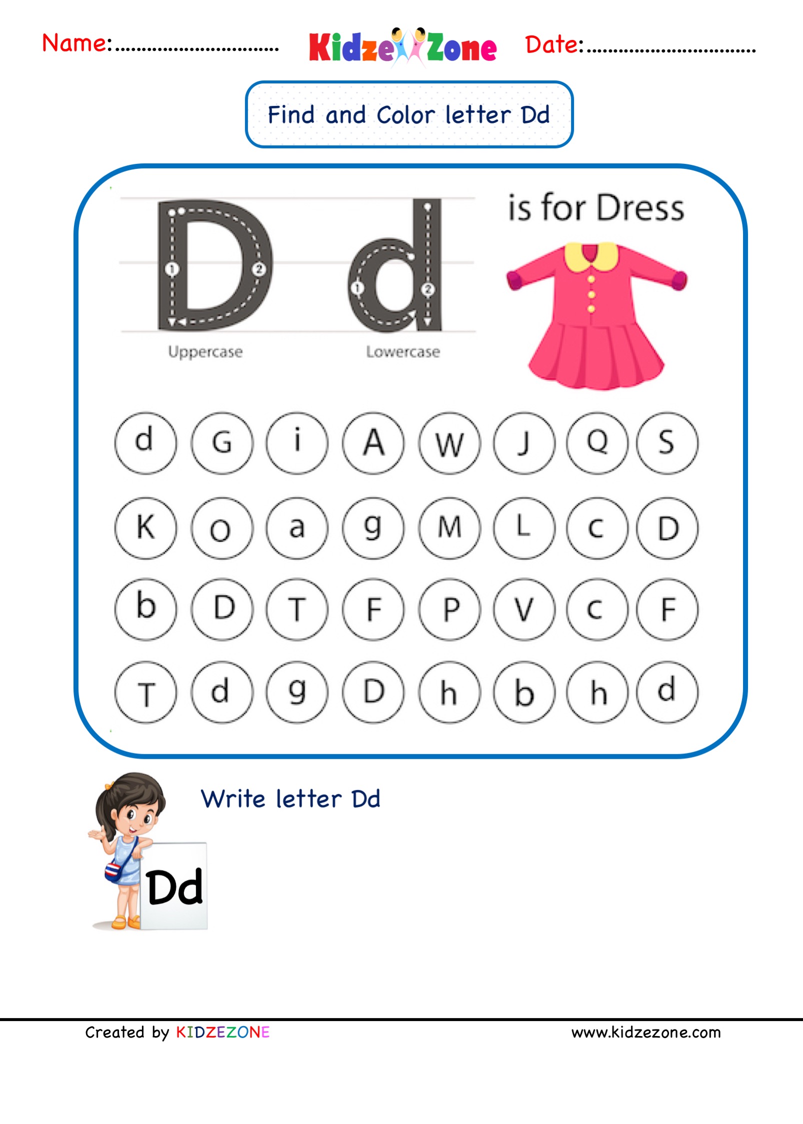 Kindergarten Letter D Find and Color Worksheet - KidzeZone