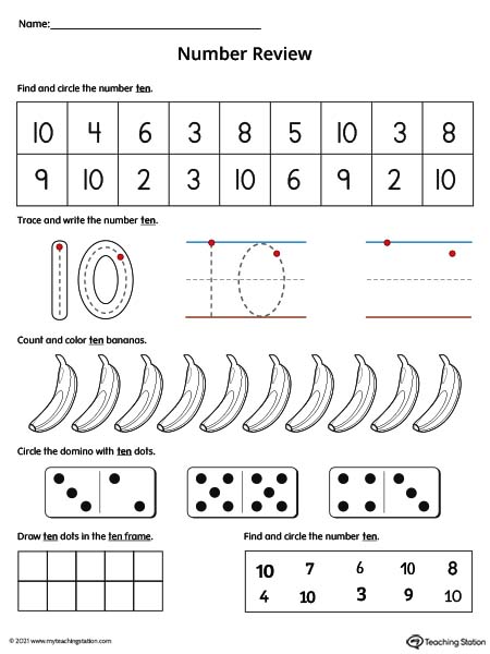 Number 10 Review Worksheet (Color) | MyTeachingStation.com