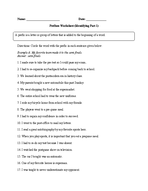 Prefixes Worksheets | Circling Prefix Worksheet