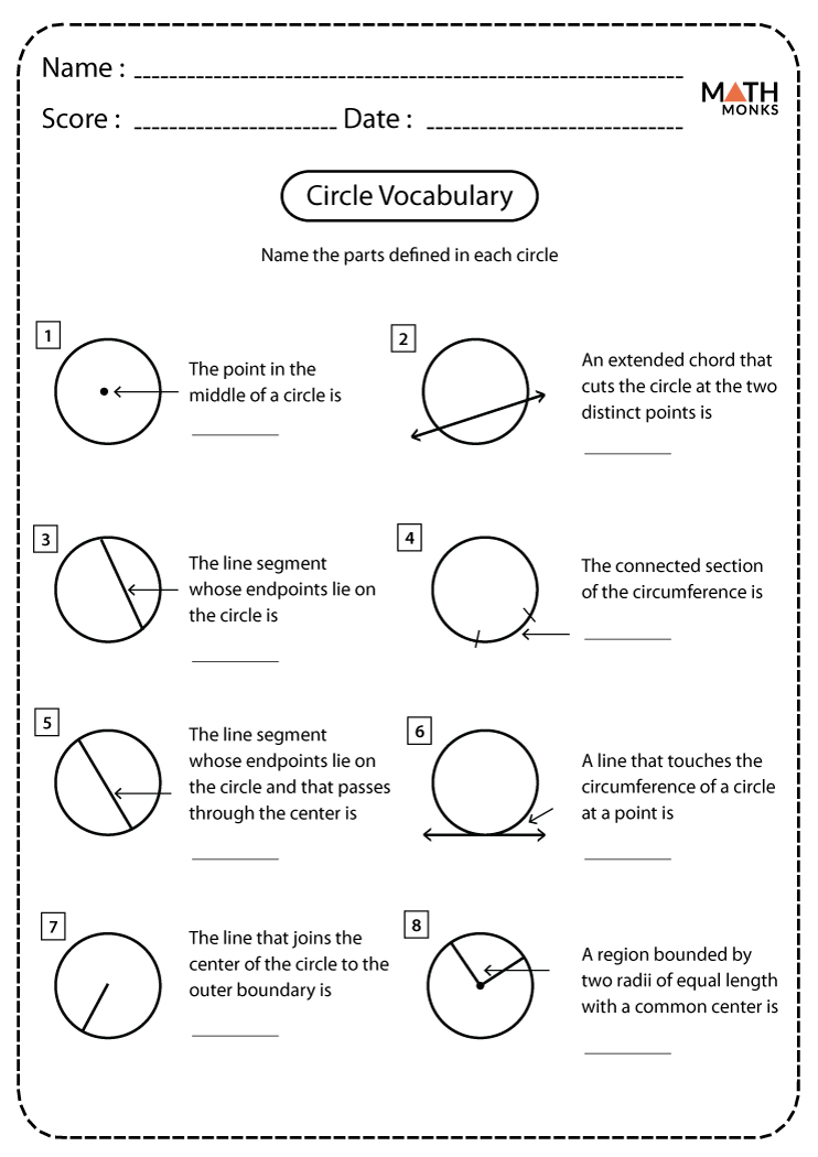 Parts of a Circle Worksheets - Math Monks