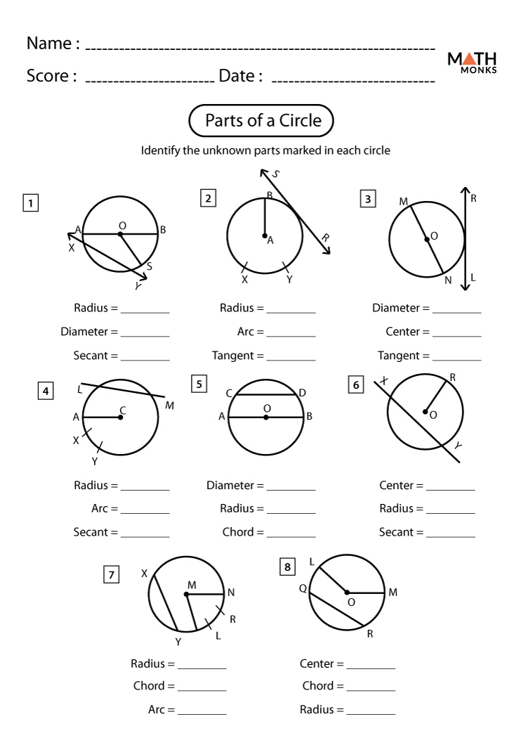 Parts of a Circle Worksheets - Math Monks