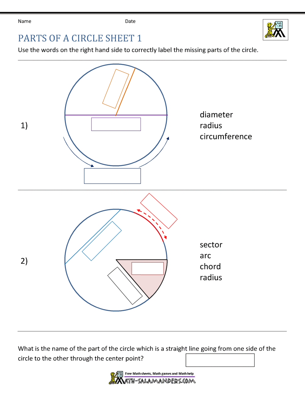 Parts of a Circle Worksheet