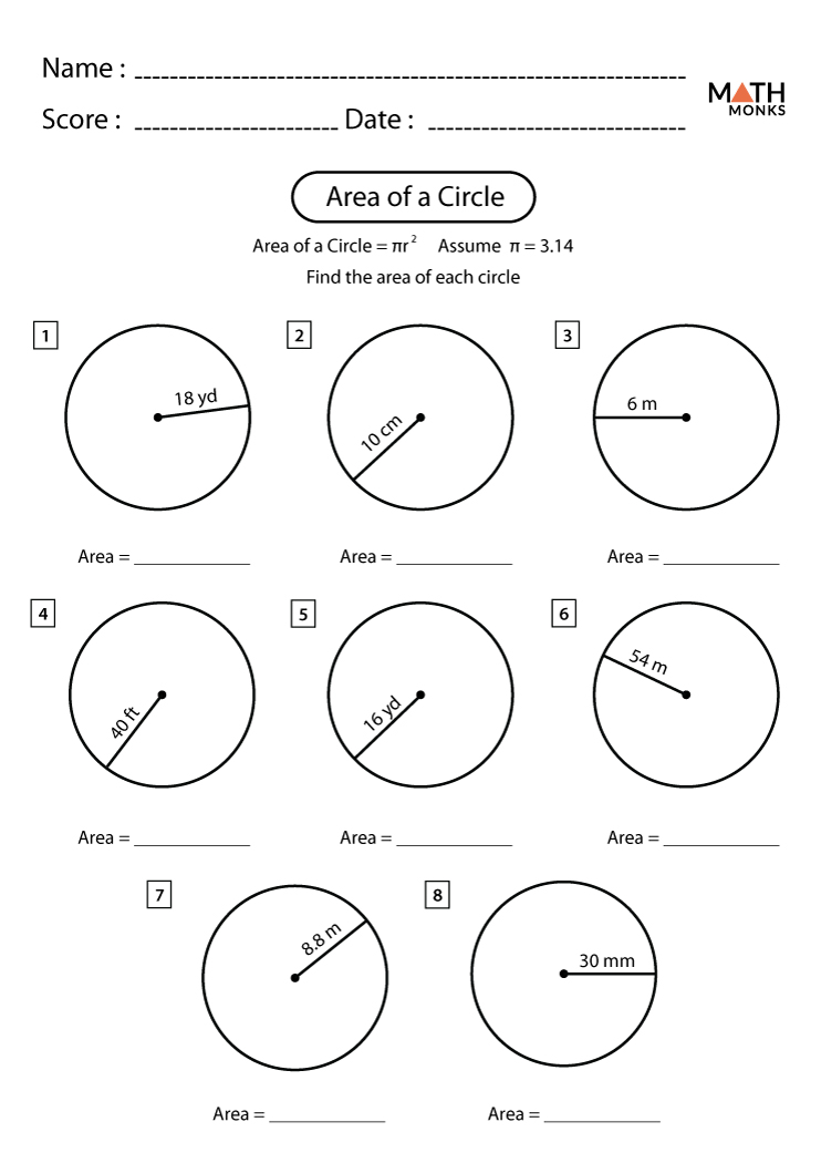 Area of a Circle Worksheets - Math Monks
