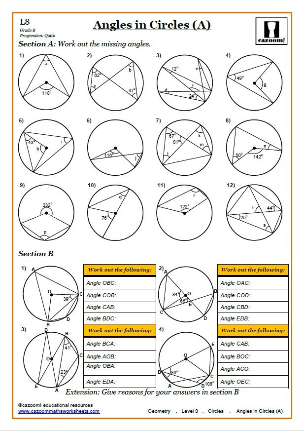 Cazoom Maths Worksheet on Angles in Circles