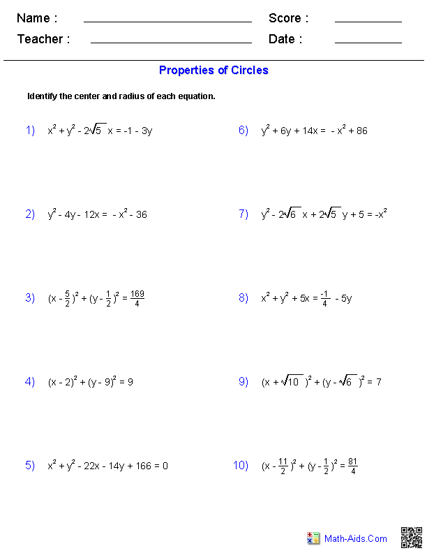 Algebra 2 Worksheets | Conic Sections Worksheets