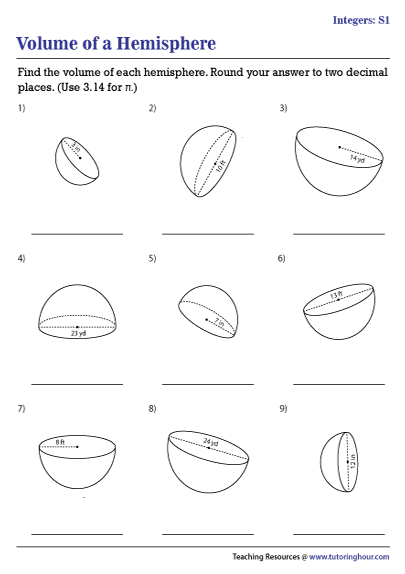 Volume of a Hemisphere Worksheets