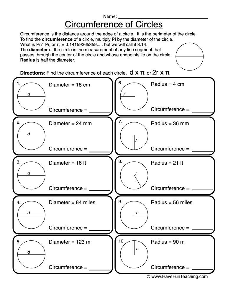 Circumference of Circles Worksheet