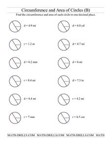 Circumference and Area of Circles (B) Worksheet for 5th - 6th ...