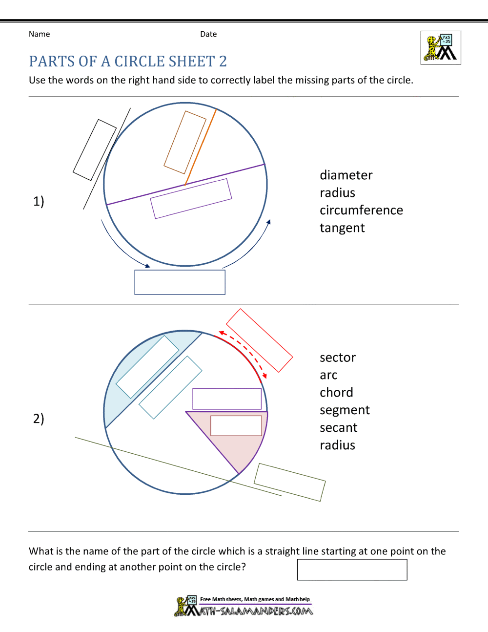 Parts of a Circle Worksheet Worksheets Library