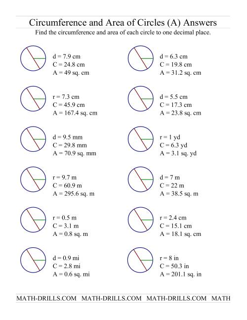circumference and area worksheet 1