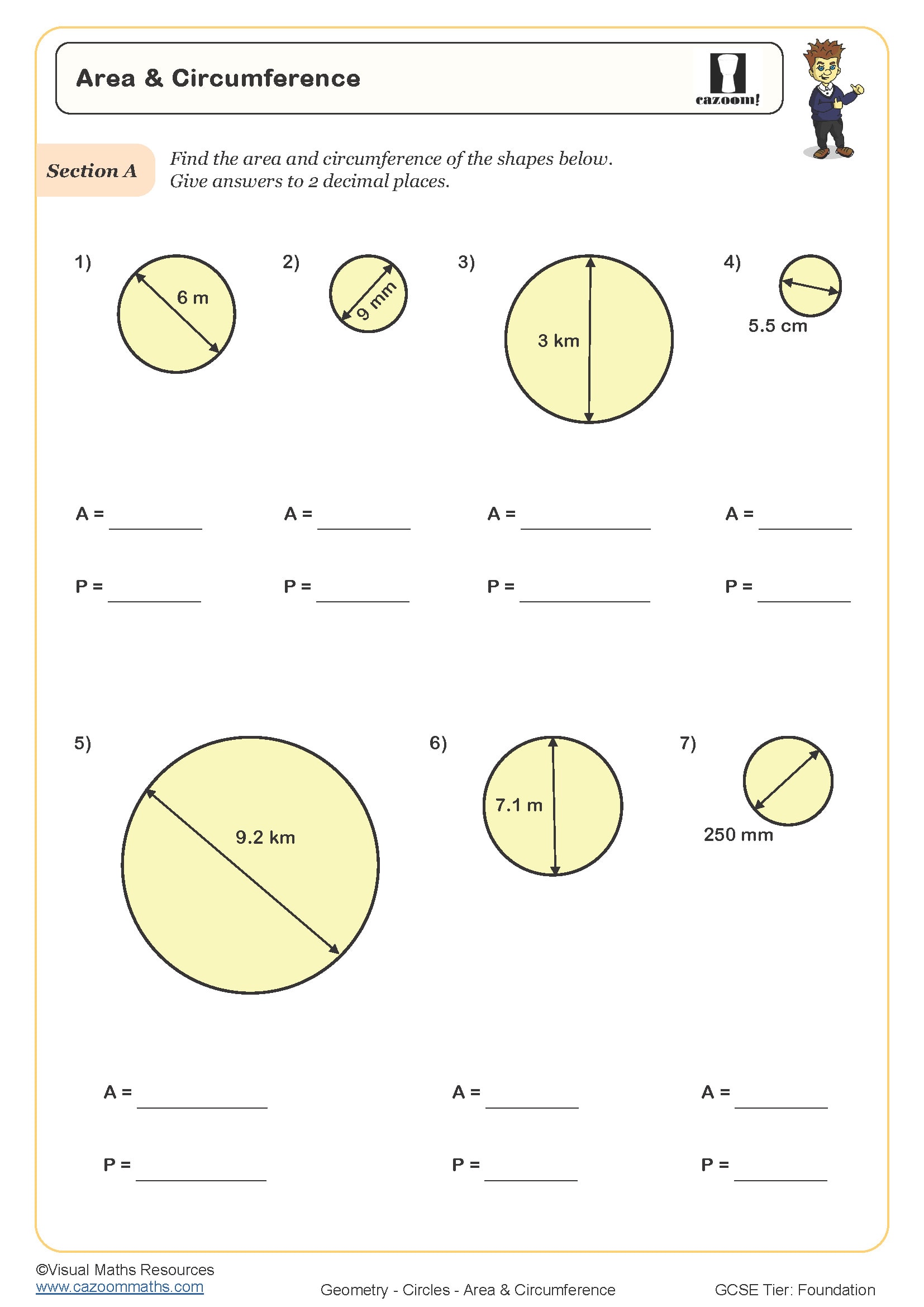Area and Circumference Worksheet | Cazoom Maths Worksheets