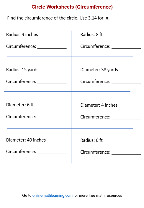 Circumference Worksheets (printable, online, answers, examples)