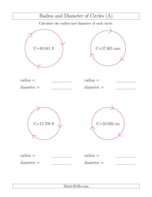 Calculate Radius and Diameter of Circles from Circumference (A)