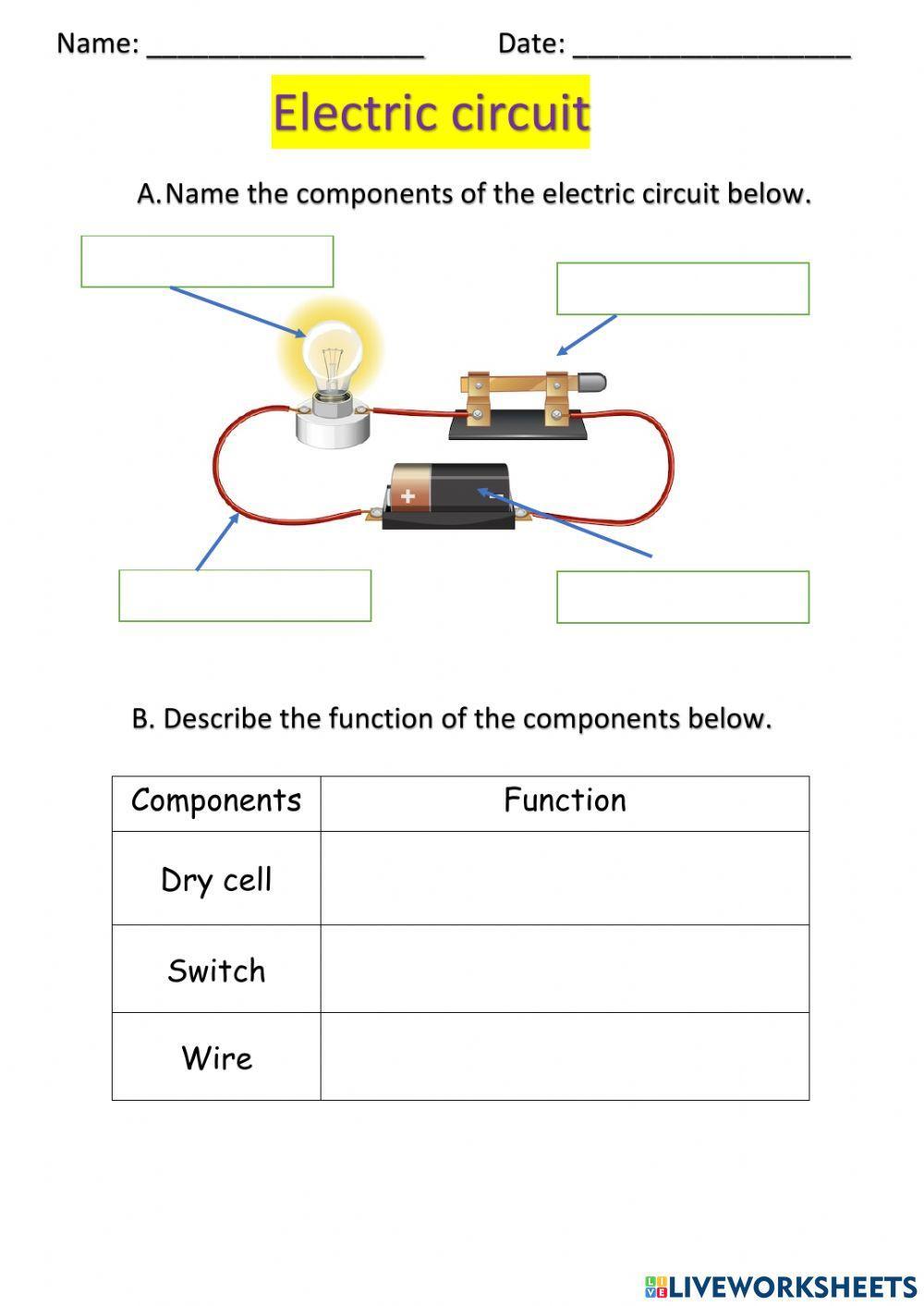 Electric circuit worksheet for Grade 6  