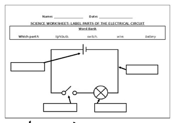 Science worksheet: Label parts of an electrical circuit