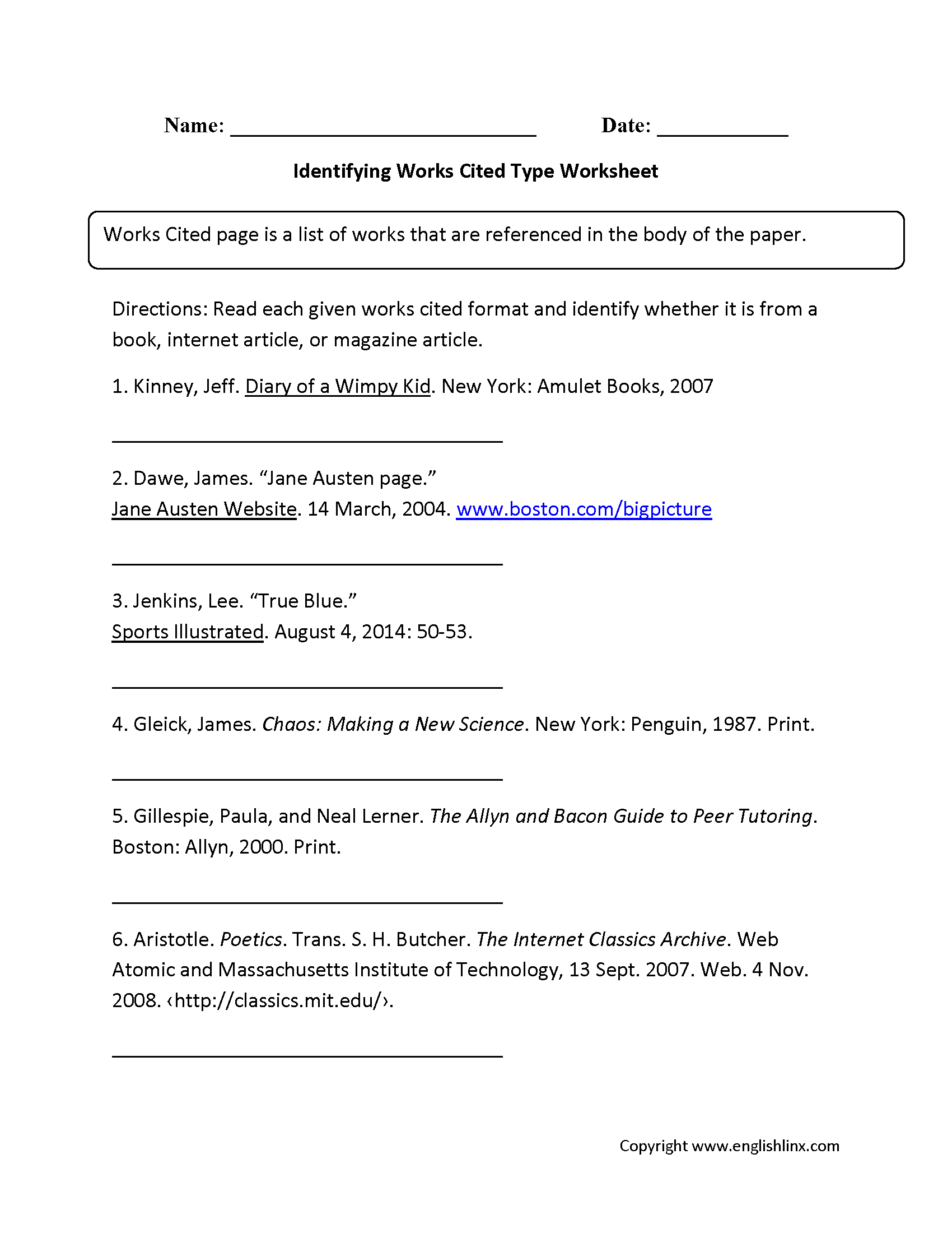 Works Cited Worksheets | Identifying Works Cited Worksheet