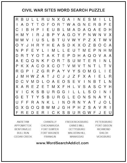 civil war word search worksheet