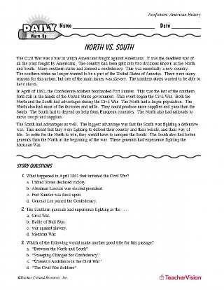 6th Grade U.S. Civil War (1860-1865) Worksheets