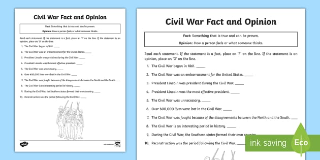 Civil War Fact or Opinion Activity for 4th-5th Grade