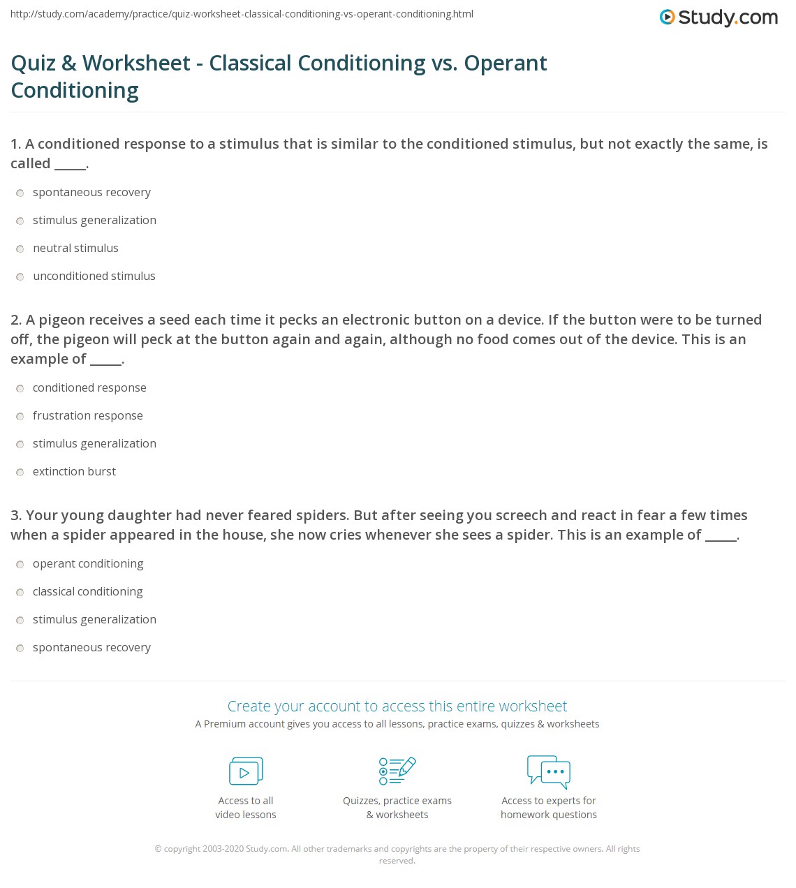 Quiz &  Worksheet - Classical Conditioning vs. Operant Conditioning ...