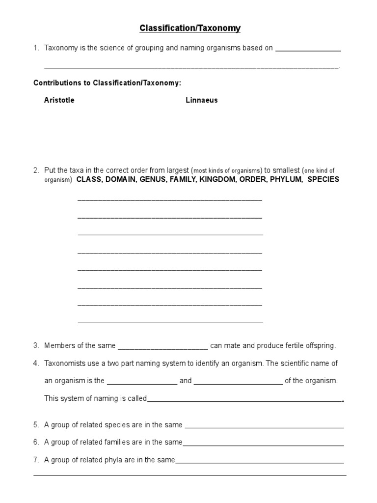 Classification Notes Worksheet Download Free PDF Taxonomy