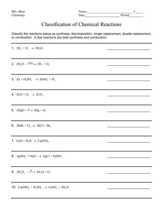 Classification of chemical reactions CHM 02 worksheet 2 | PDF