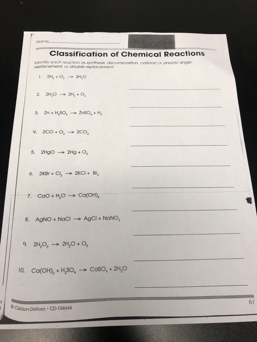 classification of chemical reaction worksheet