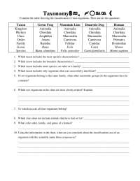 Taxonomy Worksheet | Exercises Plant Taxonomy and Evolution | Docsity