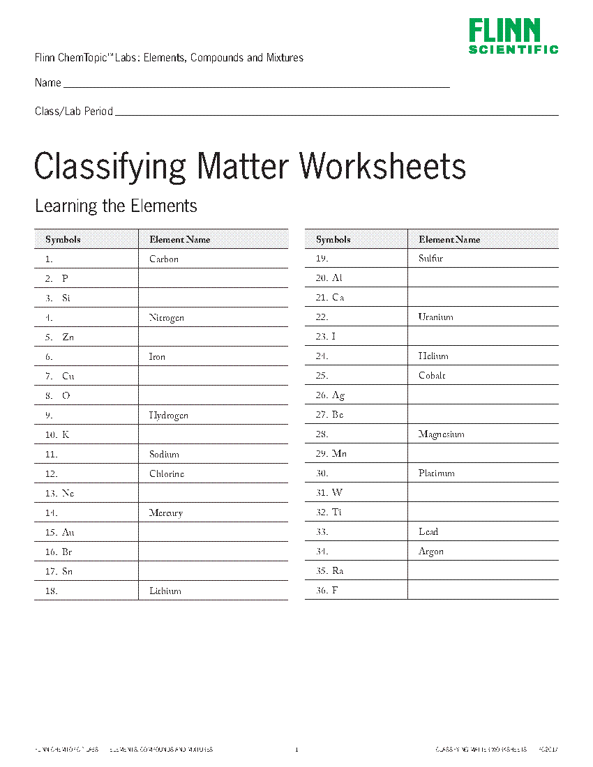 Classifying Matter Worksheets: Identification and Flow Charts ...