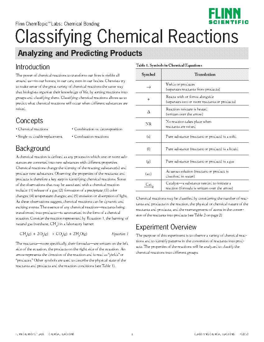 classifying chemical reactions worksheet answers