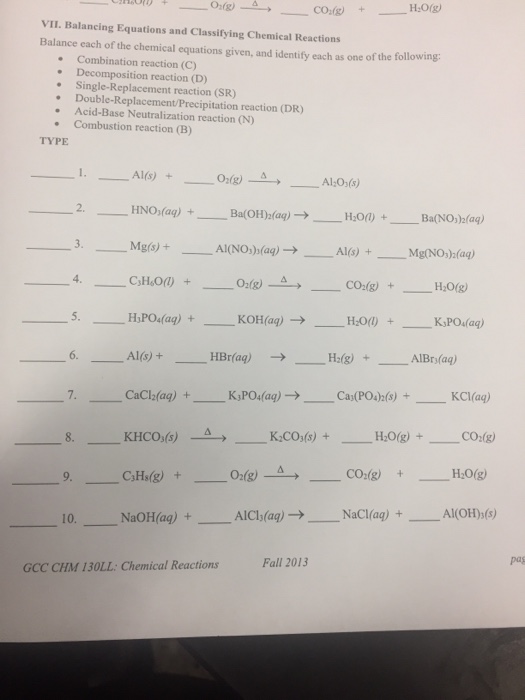 classifying chemical reactions worksheet answers