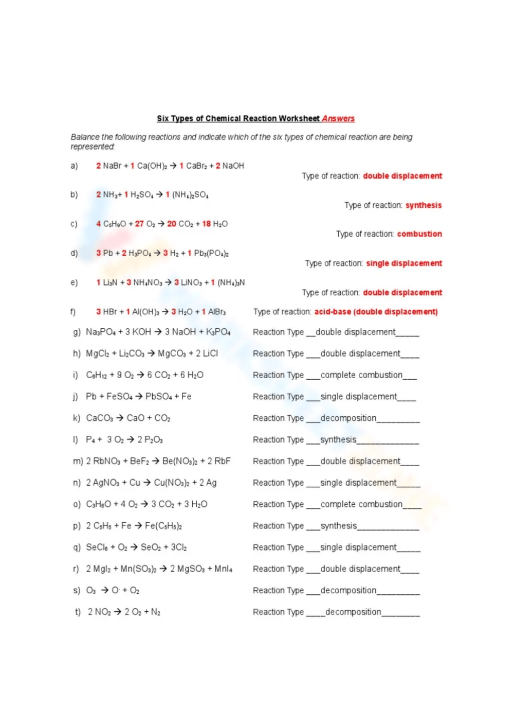 classifying chemical reactions worksheet answers