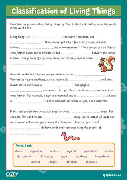 Classification of Living Things — Fill in the blanks (Year 6 ...