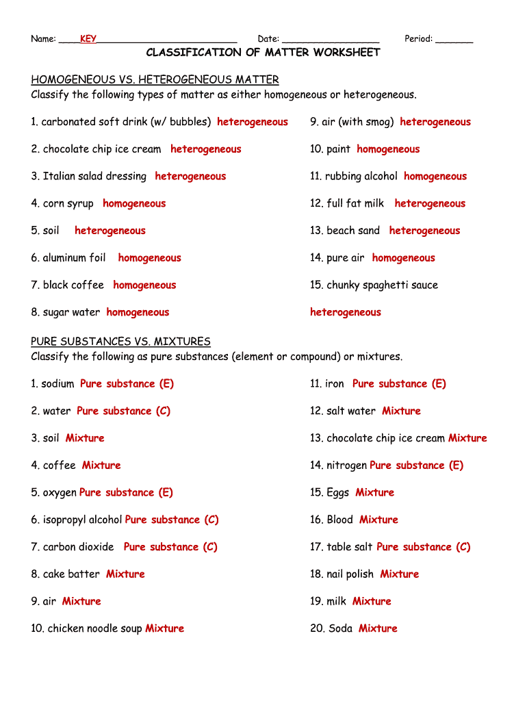 Classification Of Matter Worksheet - Fill Online, Printable, Fillable ...