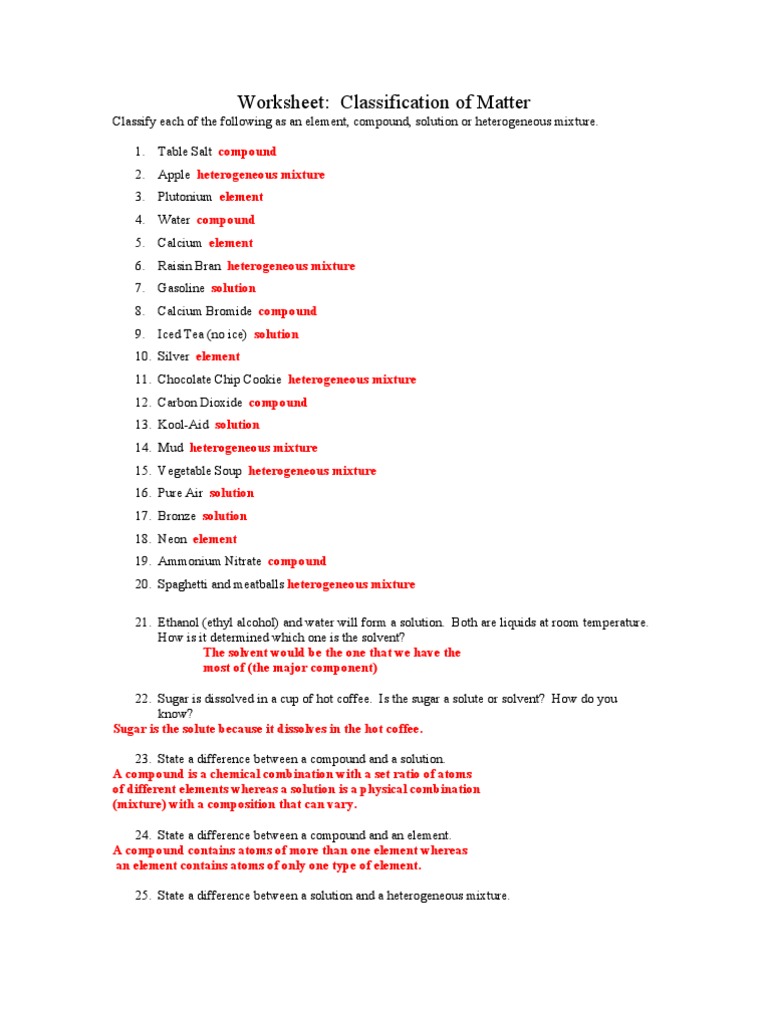 Worksheet - Classification of Matter - Key | PDF
