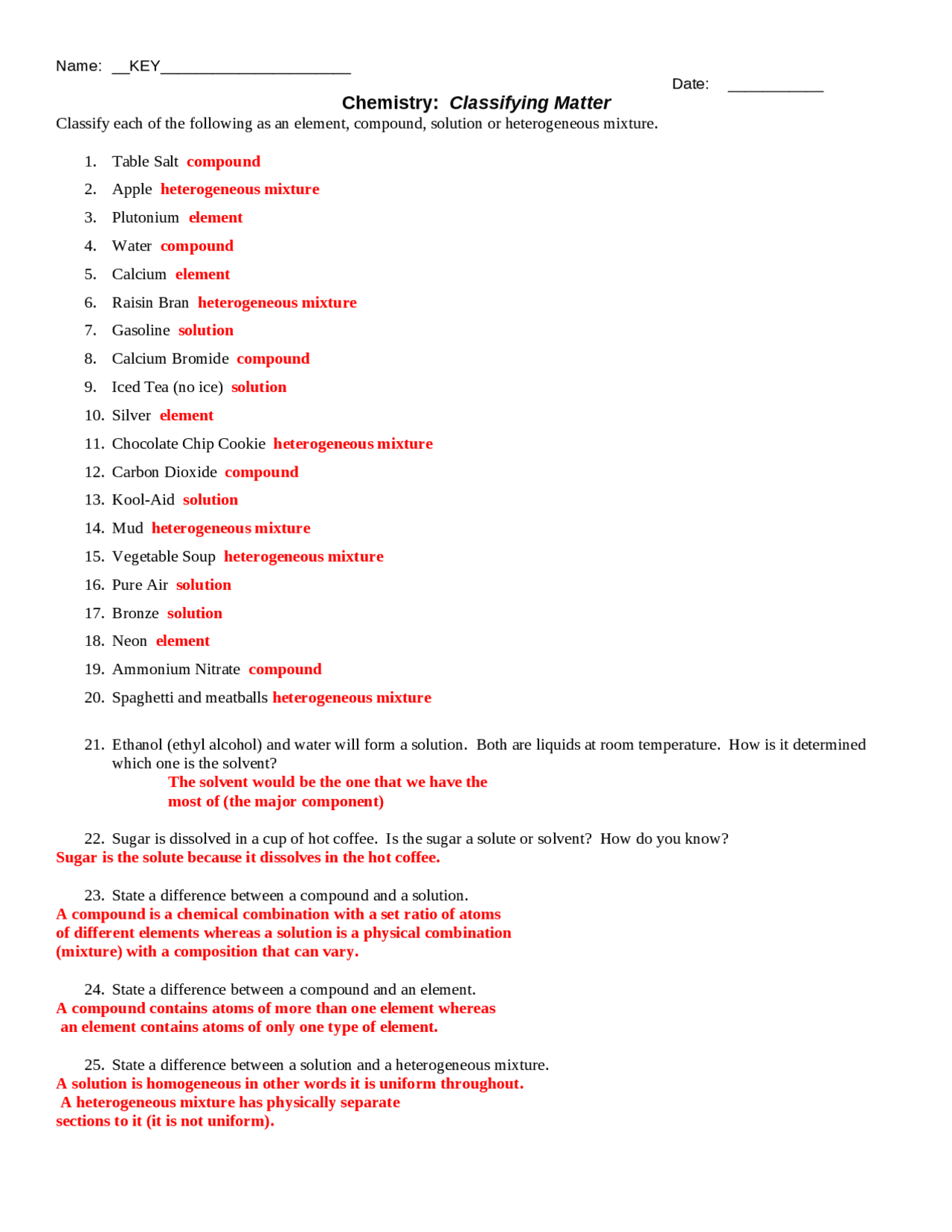 Classification of Matter Cheat Sheet Chemistry Docsity Worksheets