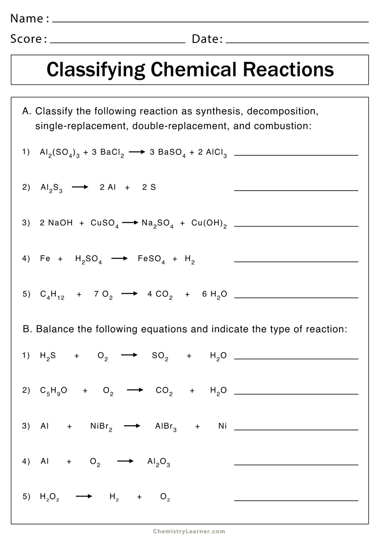 Types of Chemical Reactions Worksheets - Free Printable