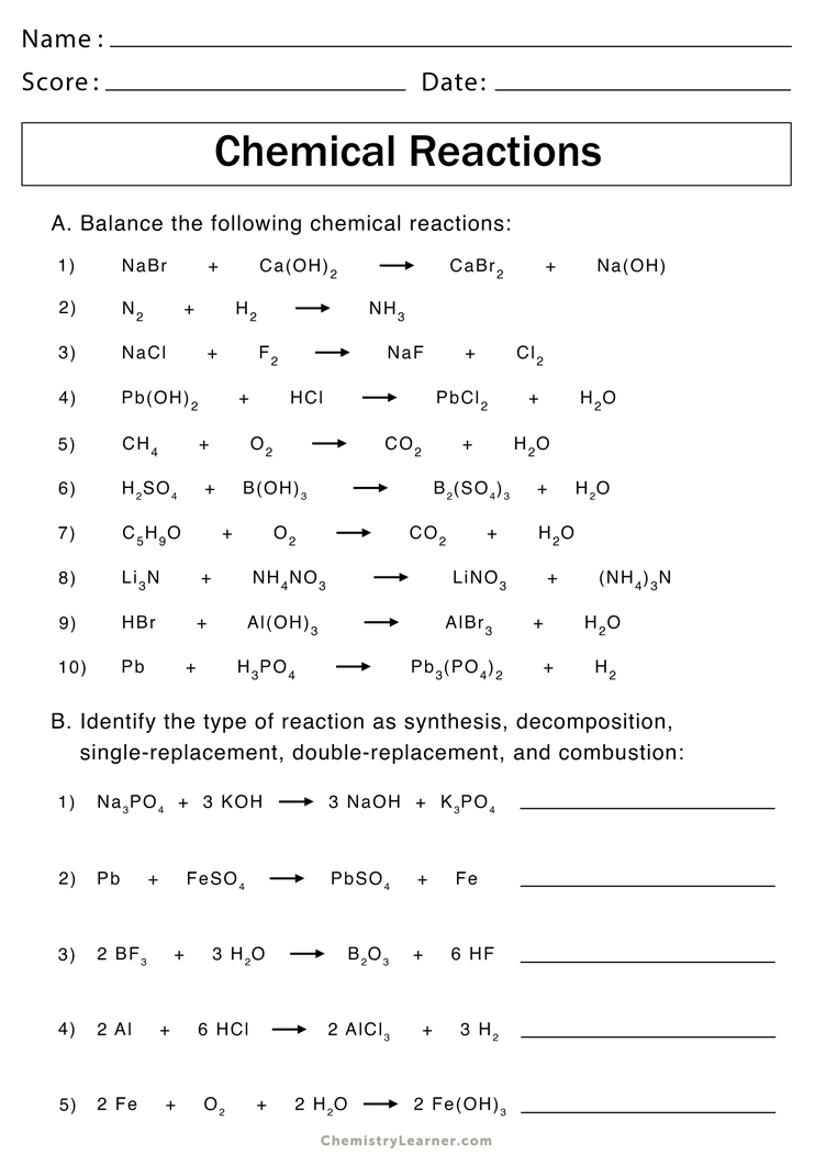 Types of Chemical Reactions Worksheets - Free Printable