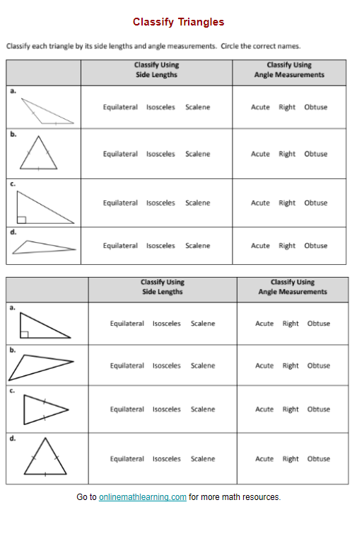 Classify Triangles (worksheets, printable, online, answers)