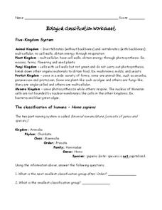 Biological Classification Worksheet Worksheet for 6th - 8th Grade ...