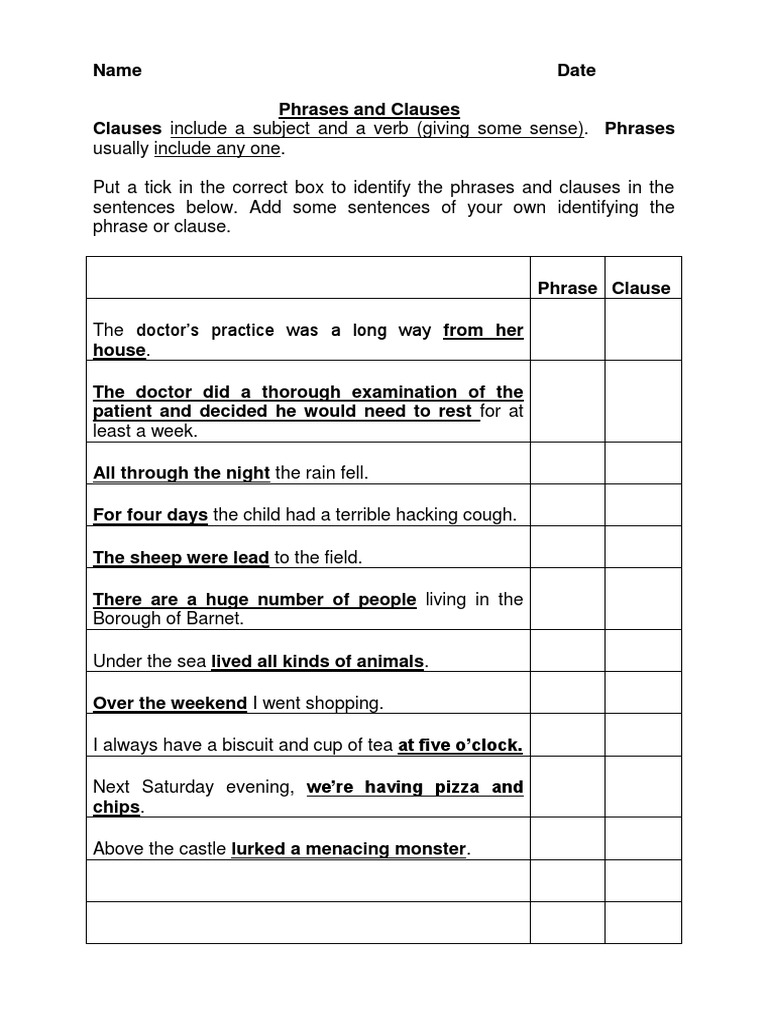 Phrases and Clauses Worksheet | PDF
