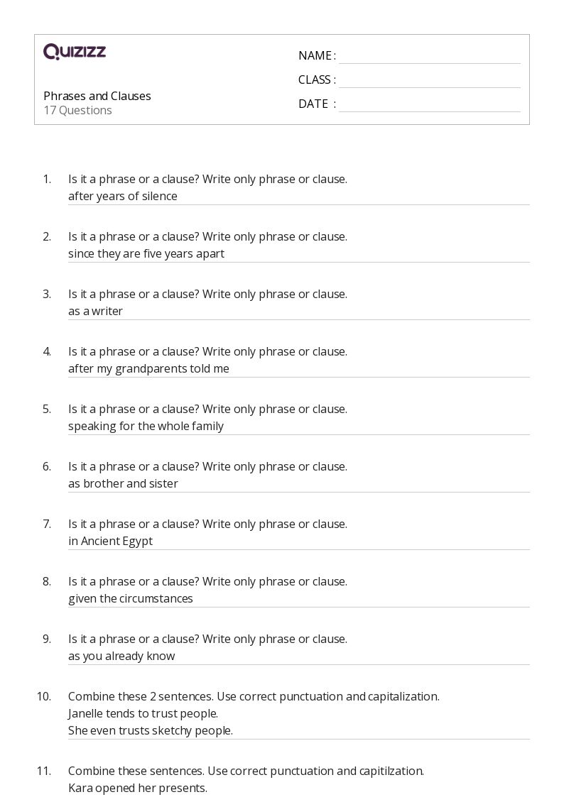 50+ Phrases and Clauses worksheets on Quizizz | Free & Printable ...