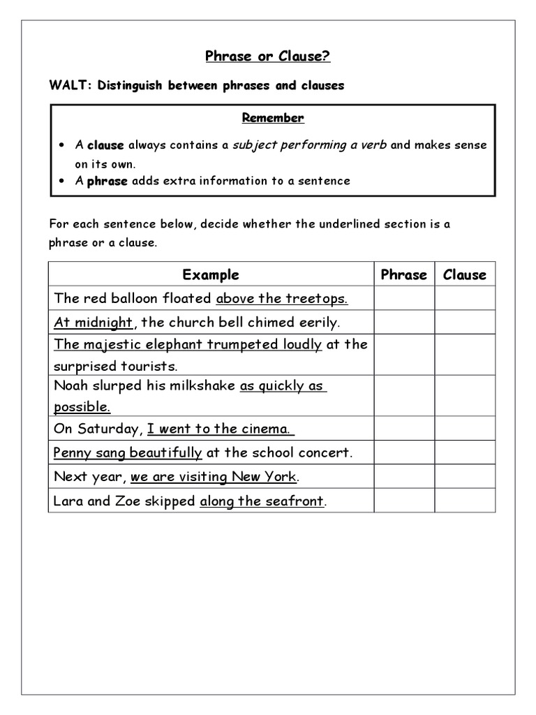 clause and phrase worksheet