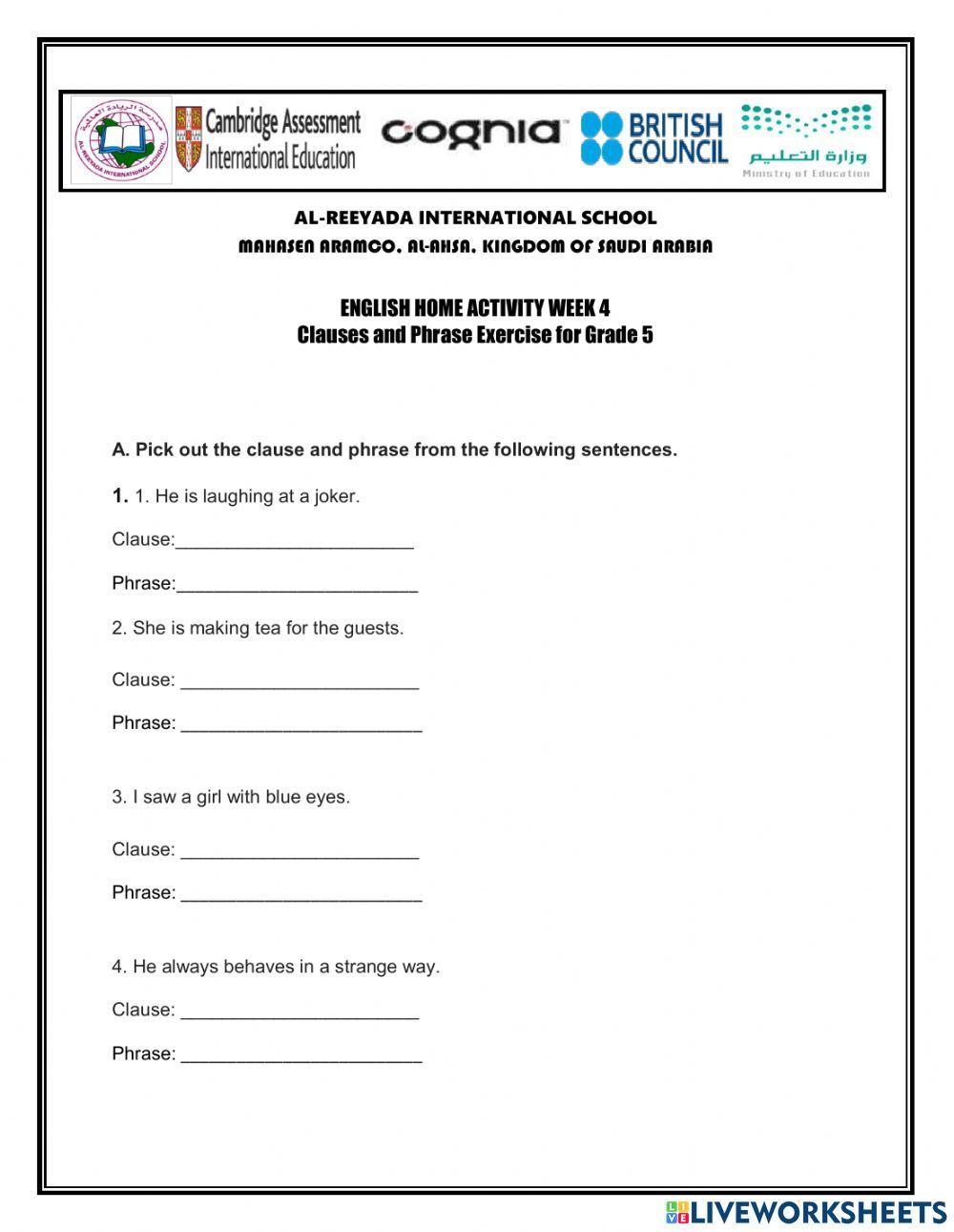 Phrase and Clauses worksheet  